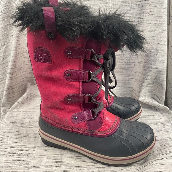 Sorel Girl's Pink Suede Fur Trim Lace Up Snow Boots Size 3 - Picture 1 of 8
